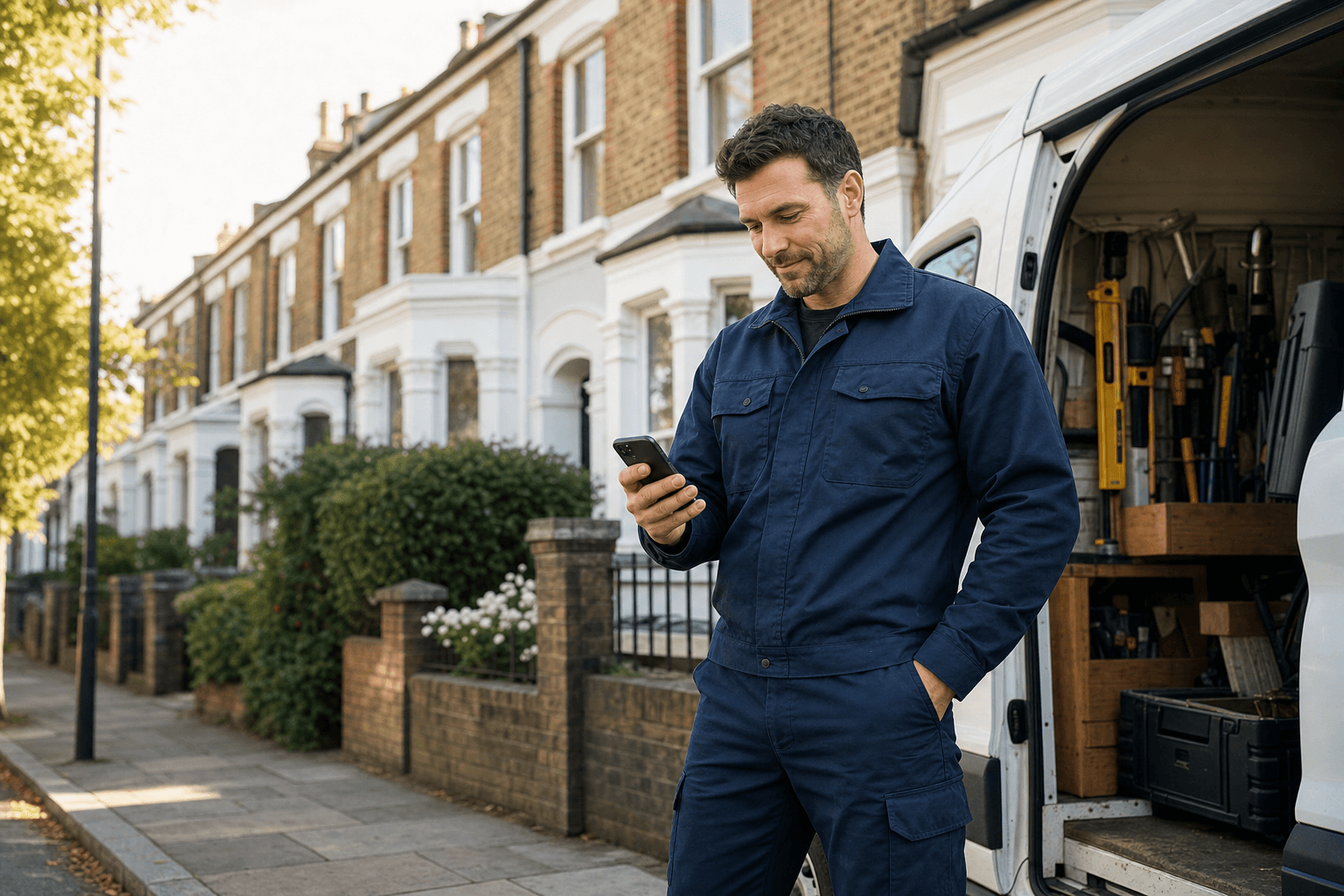 Professional UK tradesperson using Quote-Chaser beside a trade van